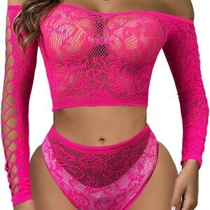Womens Lingerie Set Fishnet BabyDoll Bodysuit Two Piece Nightwear